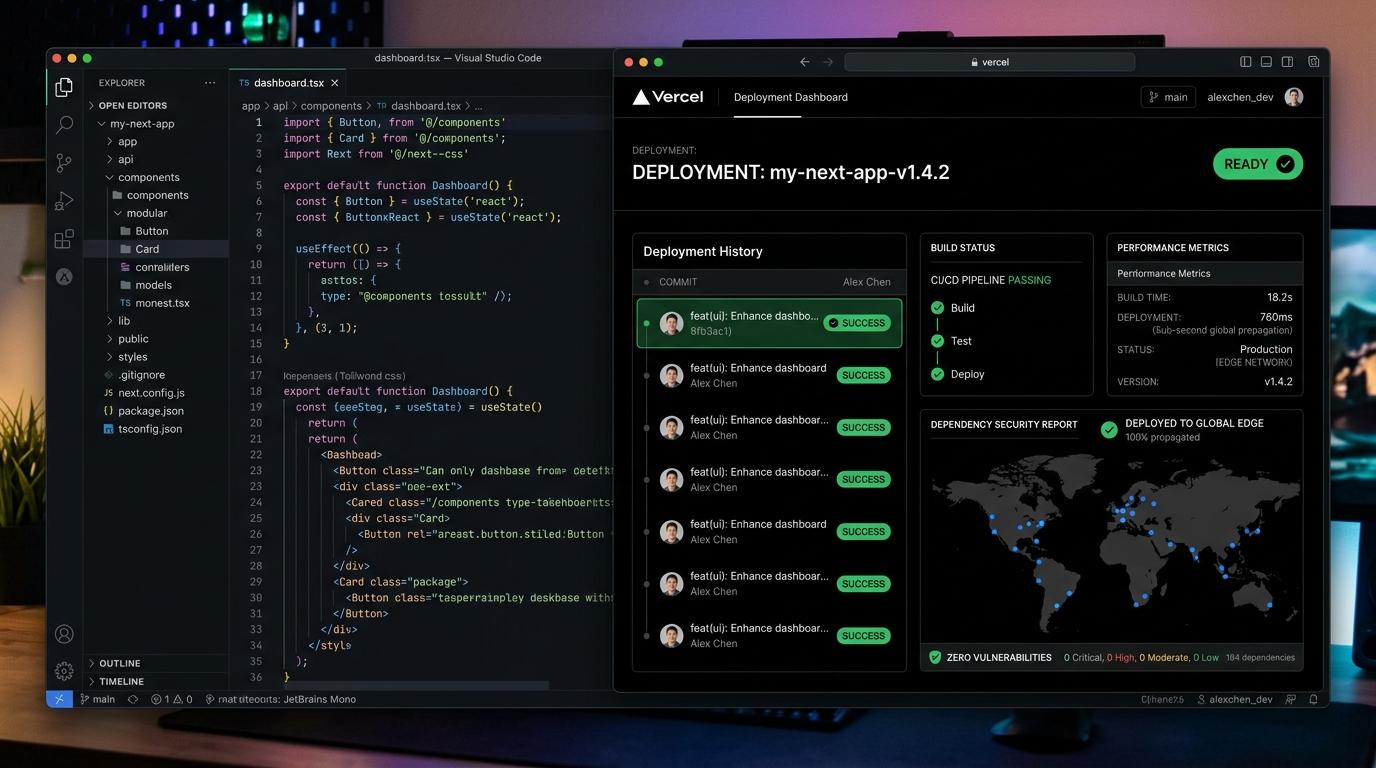 Modern Next.js source code architecture and CI/CD edge deployment pipeline delivering sub-second updates with zero external plugin vulnerability exposure.