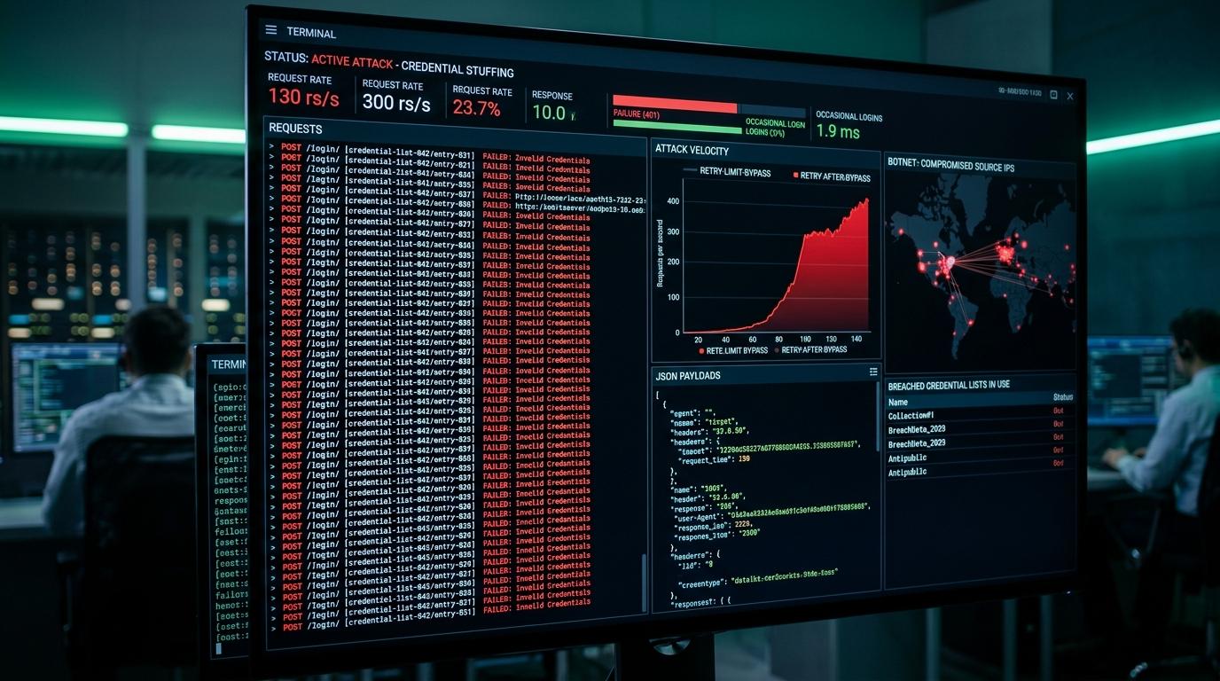 Real-time terminal monitor capturing high-velocity multi-threaded botnet credential stuffing targeting an unshielded administrative login endpoint.
