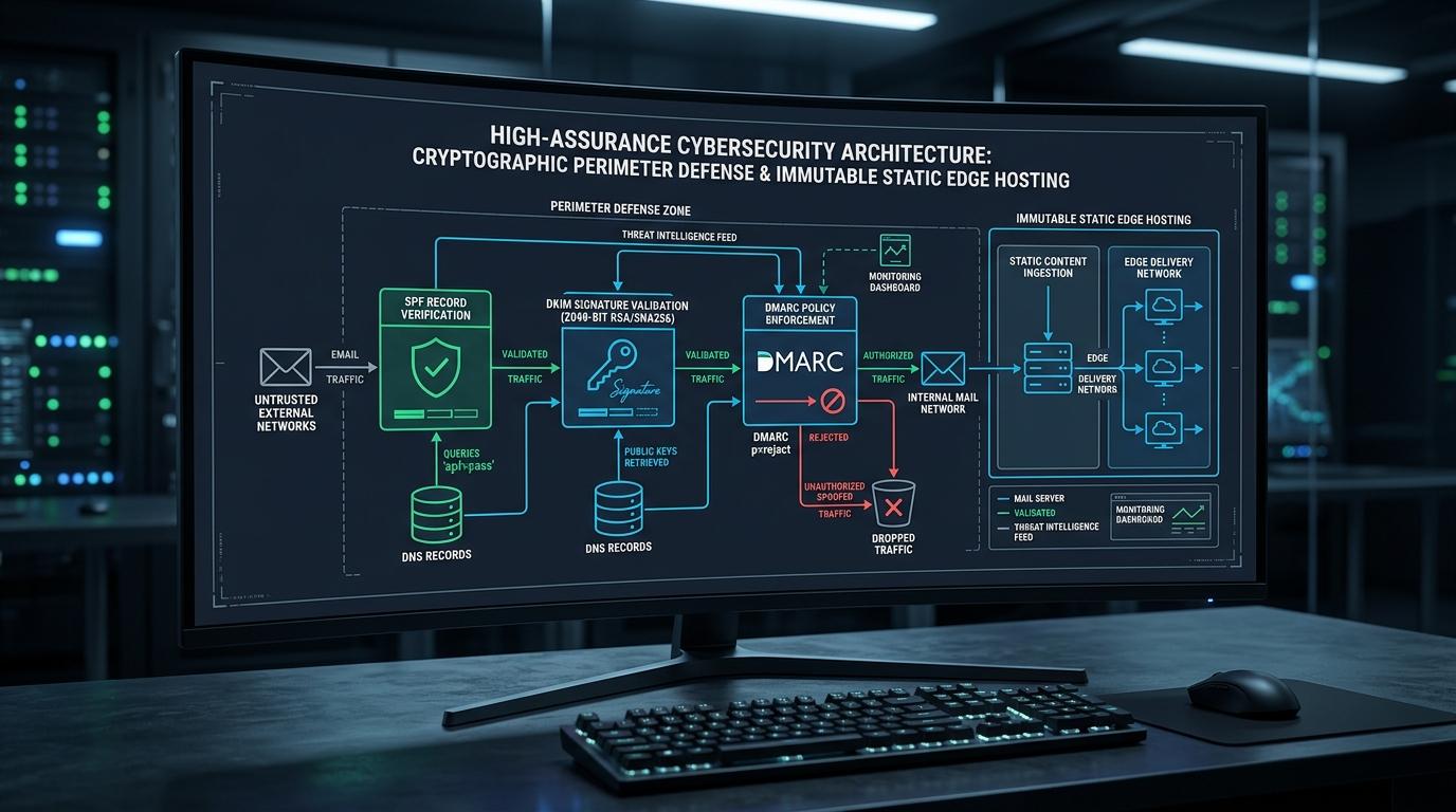 Cryptographic perimeter defense architecture detailing SPF, DKIM 2048-bit signature verification, and DMARC p=reject enforcement protocols.