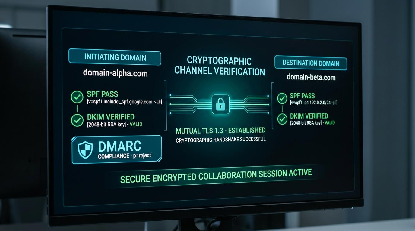 Authenticated enterprise collaboration terminal demonstrating mutual SPF pass, 2048-bit DKIM validation, and DMARC reject enforcement over mutual TLS 1.3 tunnels.