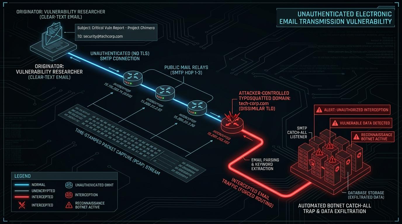 Forensic telemetry routing map illustrating how unencrypted vulnerability reports traversing public relays are diverted into typosquatted lookalike catch-all traps.