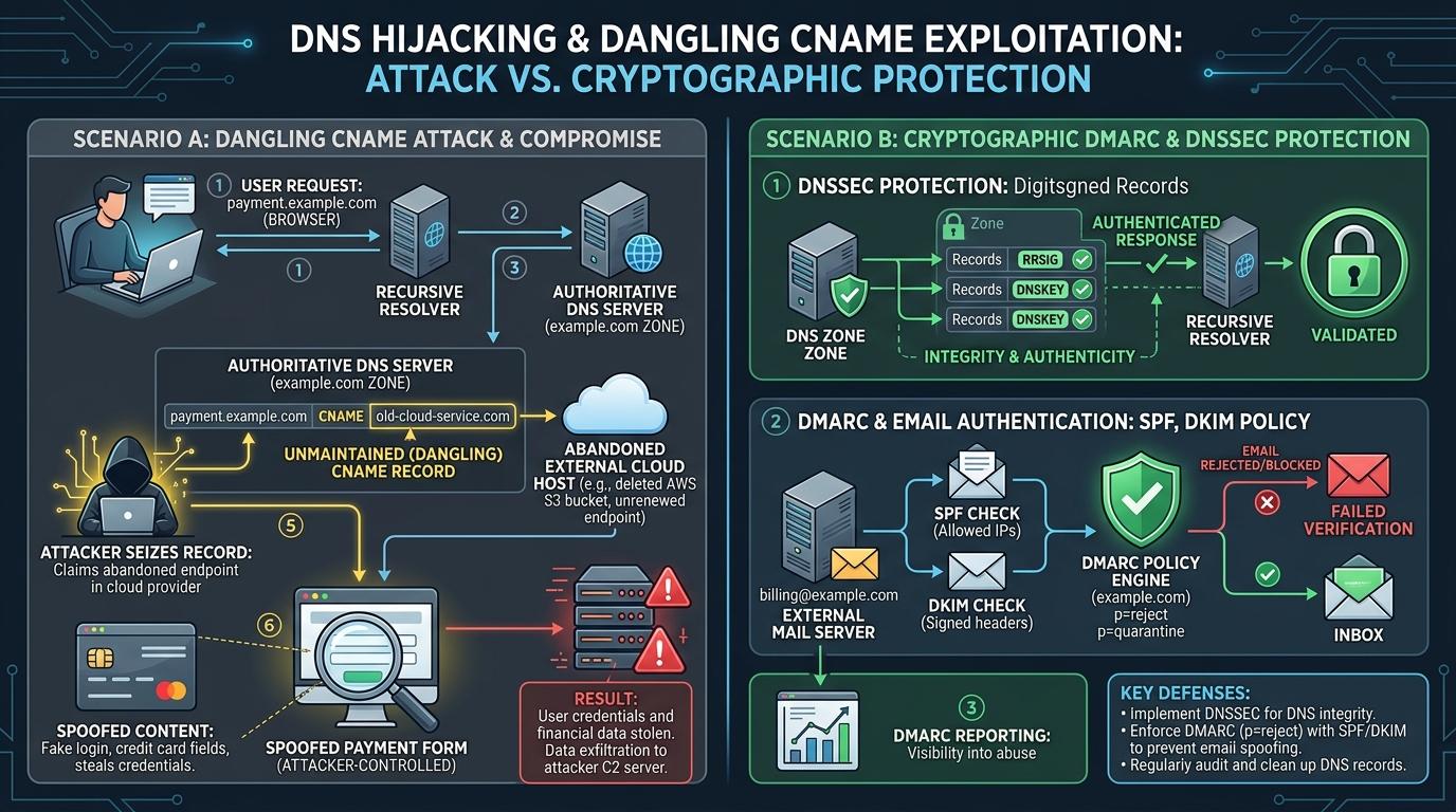 Architectural attack breakdown comparing dangling CNAME subdomain hijacking against cryptographic DMARC and DNSSEC protection mechanisms.