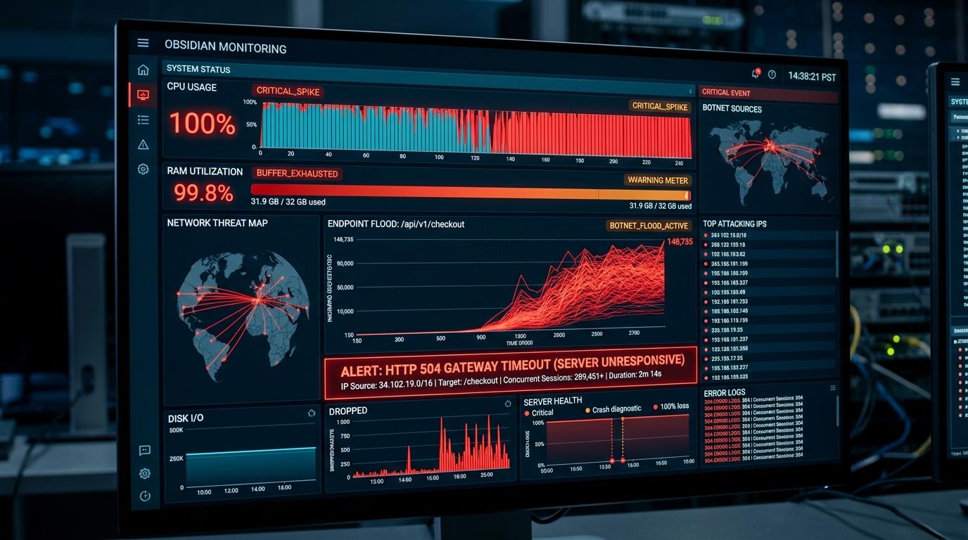 Server telemetry monitor displaying 100% CPU spike, RAM buffer exhaustion, and 504 Gateway Timeout failure caused by unshielded form endpoint flooding.