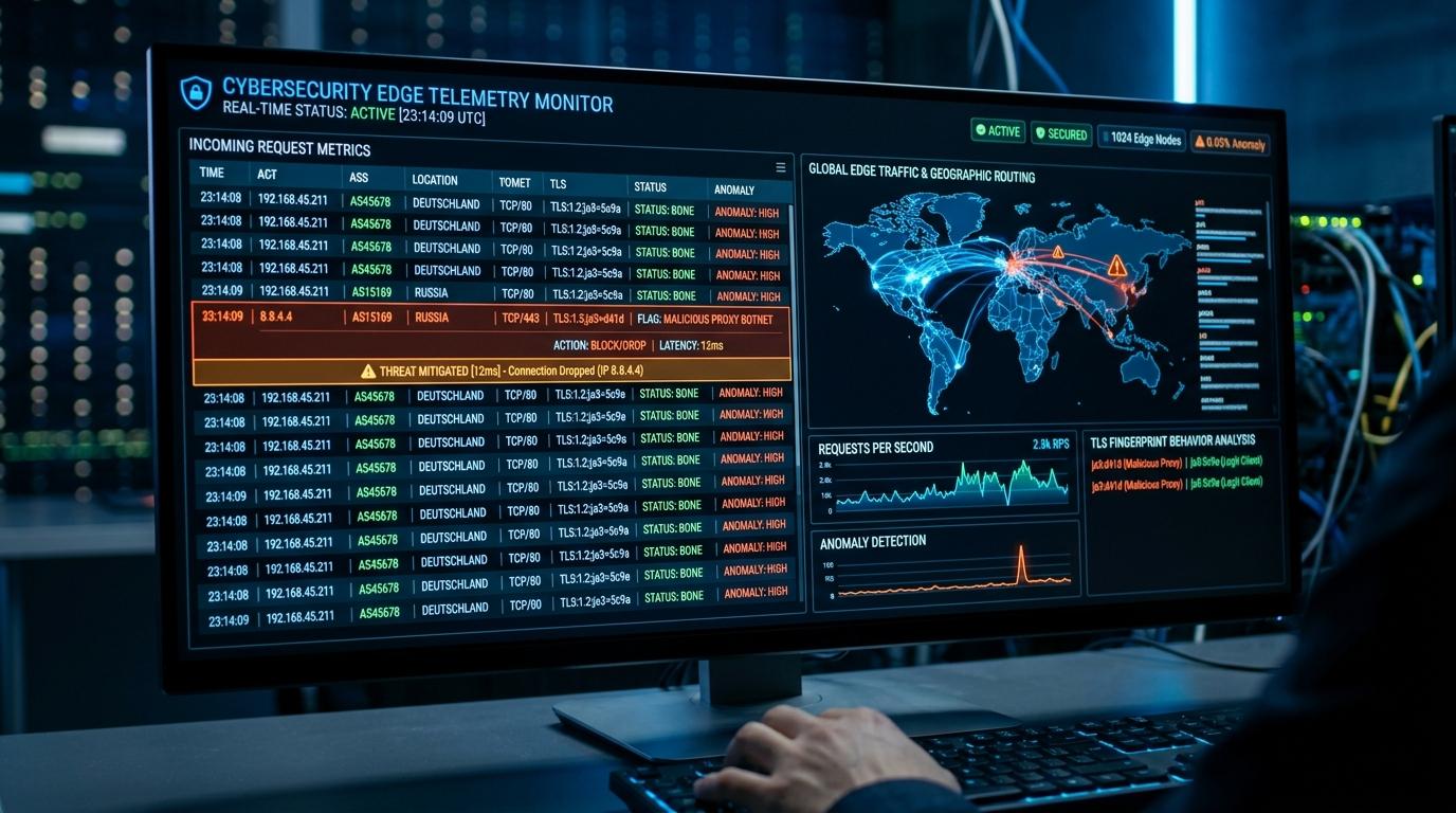 Enterprise edge telemetry monitor capturing sub-15ms request drops, autonomous system numbers (ASNs), TLS fingerprint discrepancies, and real-time geographic routing telemetry.