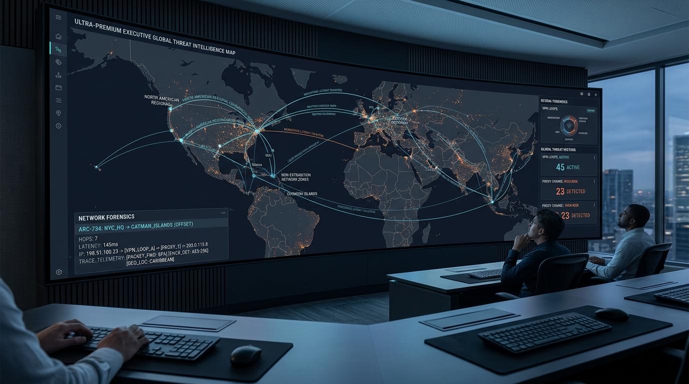 Global threat intelligence map visualizing decentralized multi-hop proxy chains routing through non-extradition offshore jurisdictions.