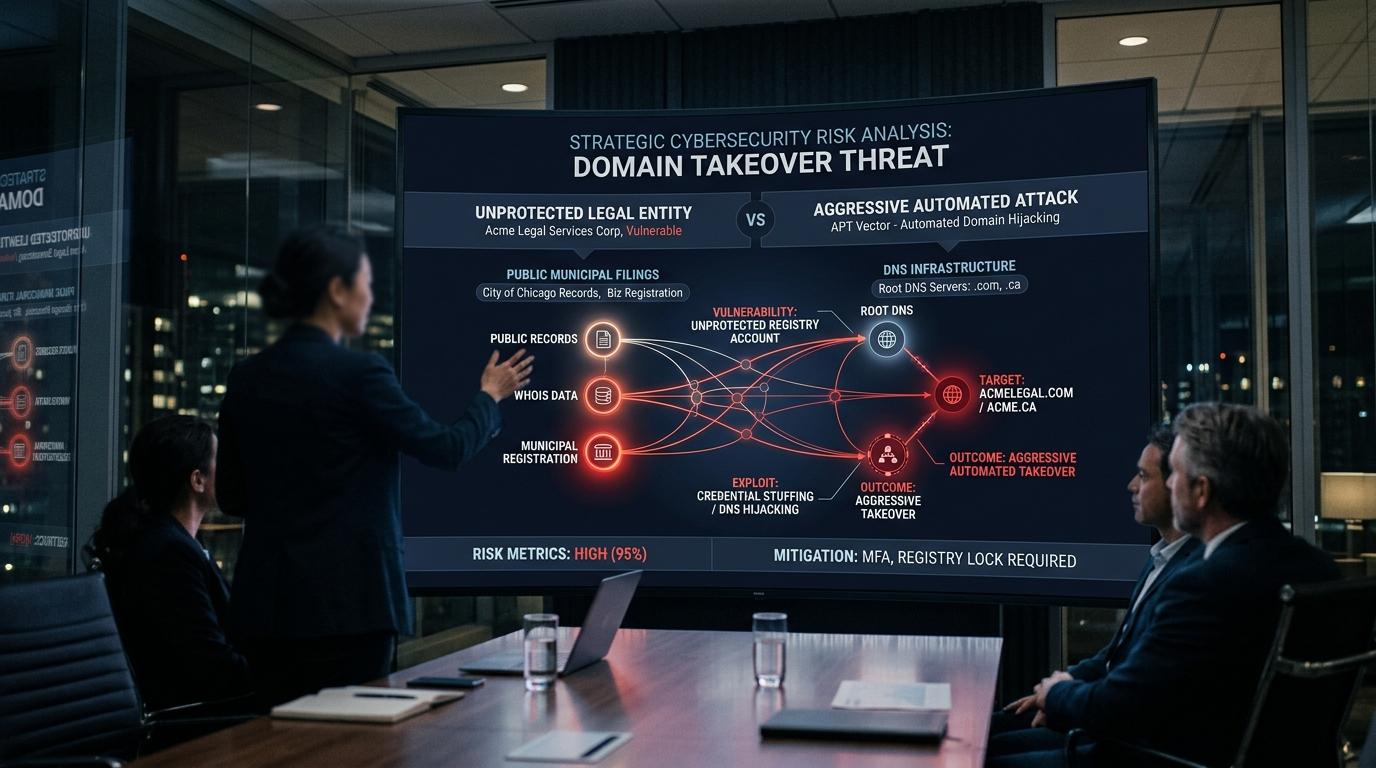 Executive risk briefing analysis comparing unprotected corporate legal entities against aggressive automated domain takeover syndicates.