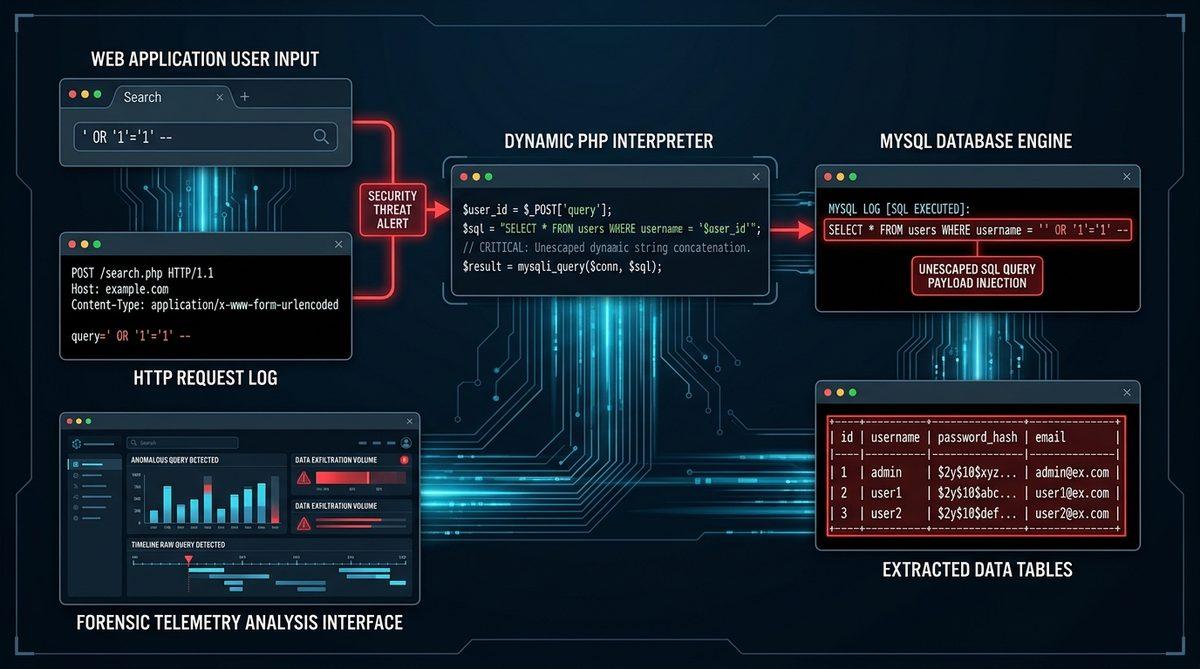 Forensic architectural breakdown of dynamic PHP interpreter execution flow, unescaped parameter injection, and relational database table extraction.