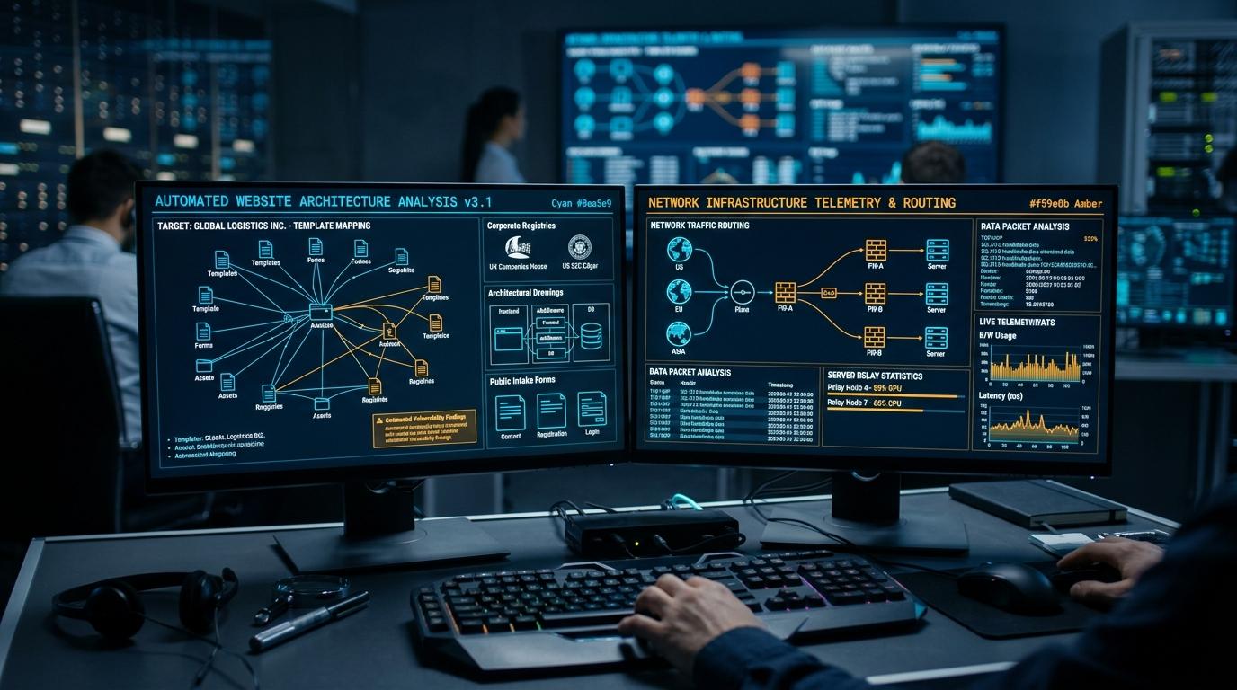 Forensic dual-screen telemetry workstation analyzing synthetic template deployment, form data harvesting, and unauthorized mail relay routing.
