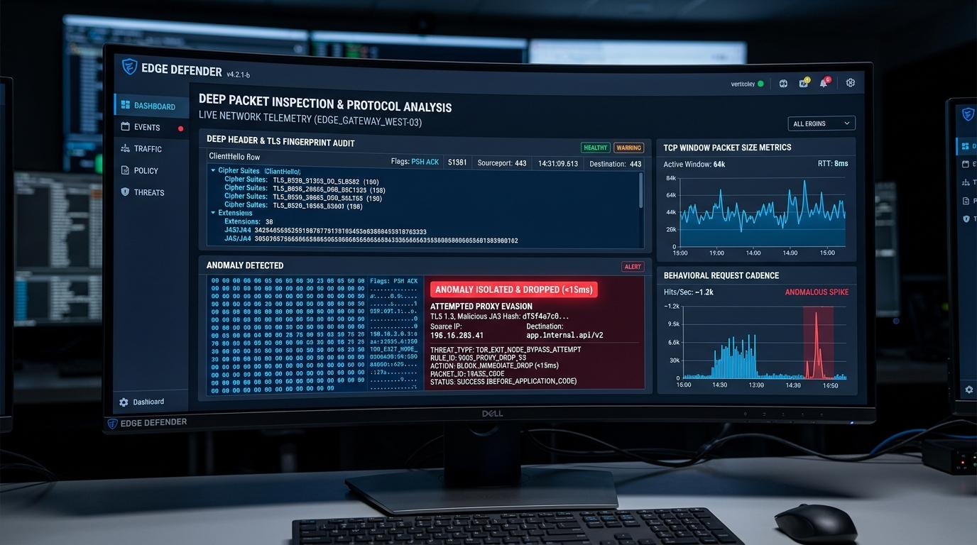 Upstream edge protocol analysis isolating deep header discrepancies, JA3/JA4 TLS fingerprint anomalies, and dropping evasive proxy probes under 15ms.