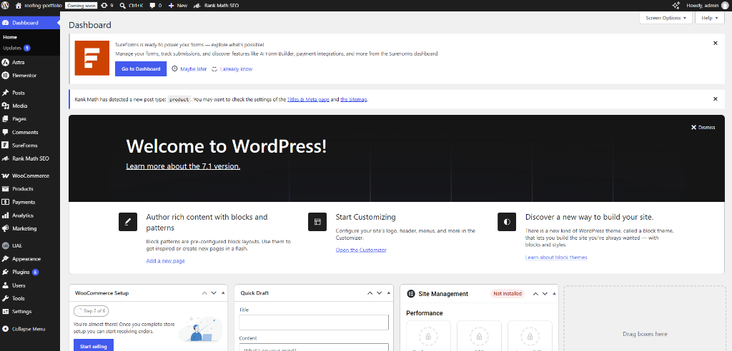 Full administrative control panel (/wp-admin/) exposing database hooks, theme editors, WooCommerce payment settings, and file upload capabilities.